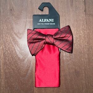 Alfani Men's Linden Stripe Bow Tie & Solid Pocket Square Set - Burgundy/Red